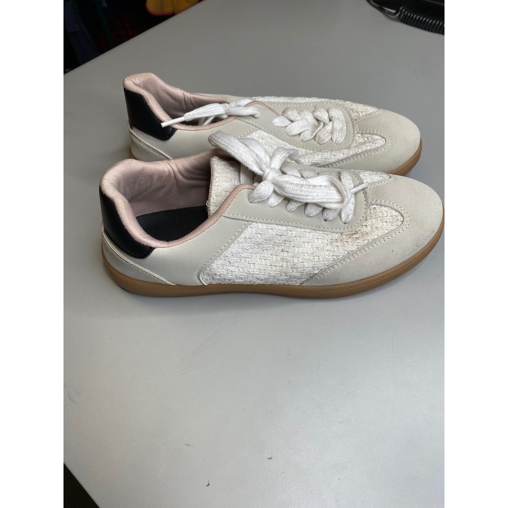 Jenn Ardor Womens Mixed Material Gum Sole Sneakers Cream Black Size 7 Low Top